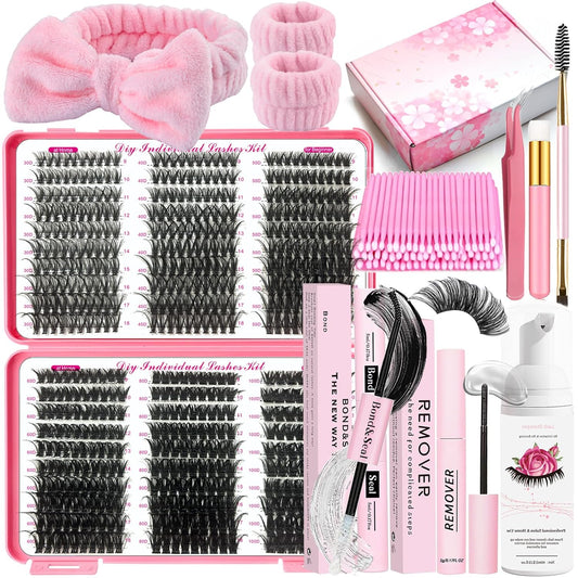 DIY Lash Extension Kit 590Pcs 9-18mm D Curl Lashes Clusters with Lash Bond and Seal Glue Remover Lash Shampoo Cleansing Brush Headband Wristband Tweezers Eyelash Brush Applicator-GlimoraGlow