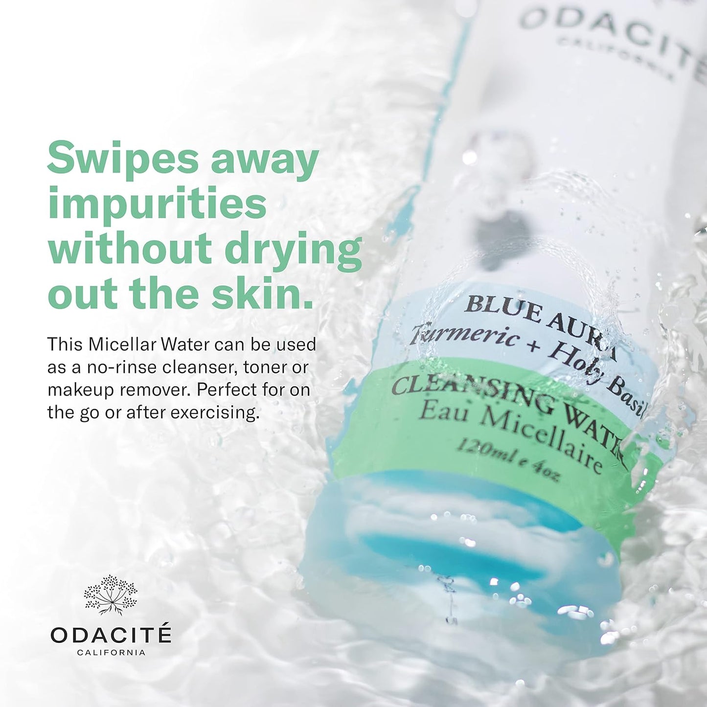 ODACITE Odacité Facial Cleanser with Foam - Blue Aura Cleansing Water Facial Wash with Neem, Holy Basil & Turmeric - No-Rinse Micellar Water Removes Pollution, Impurities & Makeup, 4.0 fl. Oz-GlimoraGlow