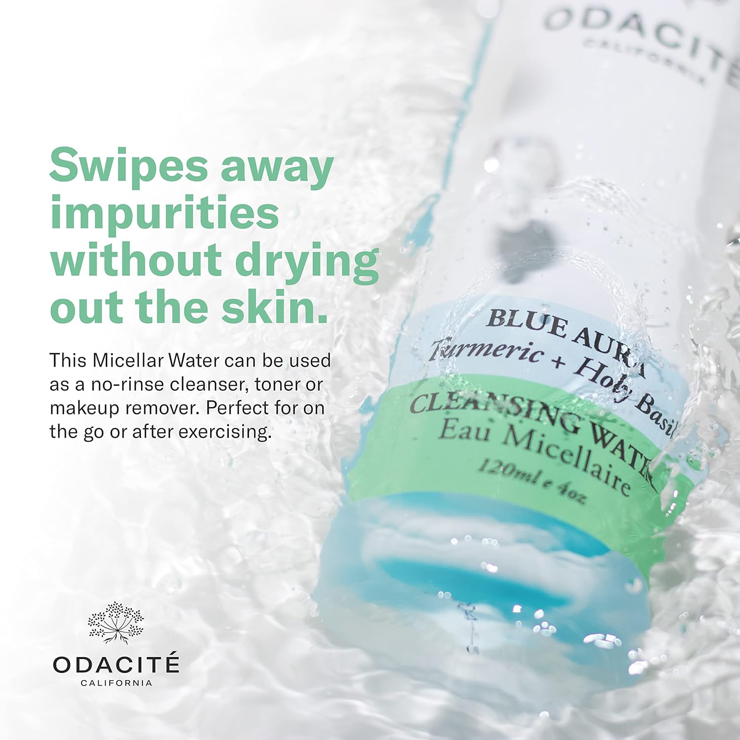 ODACITE Odacité Facial Cleanser with Foam - Blue Aura Cleansing Water Facial Wash with Neem, Holy Basil & Turmeric - No-Rinse Micellar Water Removes Pollution, Impurities & Makeup, 4.0 fl. Oz-GlimoraGlow