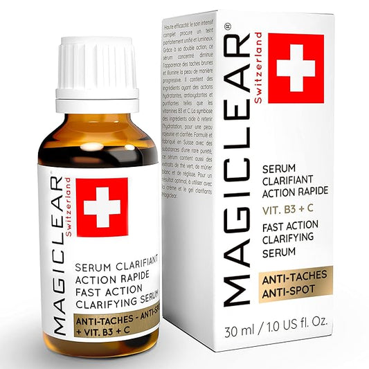 Luxury Swiss Dark Spot Remover for Face and Body Serum Gel Cream Age Sun Brown Spot Acne Freckles Corrector Melasma treatment Anti aging Skin Vitamin C + Niacinamide best organic brand Magiclear-GlimoraGlow