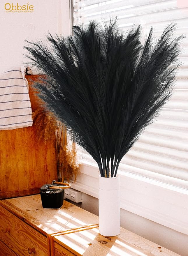 35" Faux Pampas Grass Decor, 8pcs Large Tall Fluffy Artificial Pompous Grass Branches Floral Fake Pompas Grass Bulrush Floor Vase Filler Flower Arrangement for Home Wedding Boho Decor Black