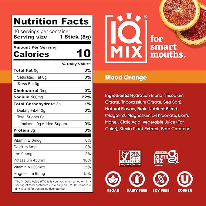 IQMIX Hydration Electrolyte Powder – 4-in-1 Formula for Hydration, Mental Clarity, Mood and Recovery – Sugar-Free Drink Mix, Keto, Magnesium L-Threonate, Lion’s Mane – 40 Count Blood Orange-GlimoraGlow