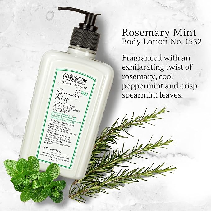 C.O. Bigelow Rosemary Mint Body Lotion, Village Perfumer Moisturizing Body Lotion with Aloe Vera, Borage Oil & Olive Oil, 10 Fl Oz-GlimoraGlow