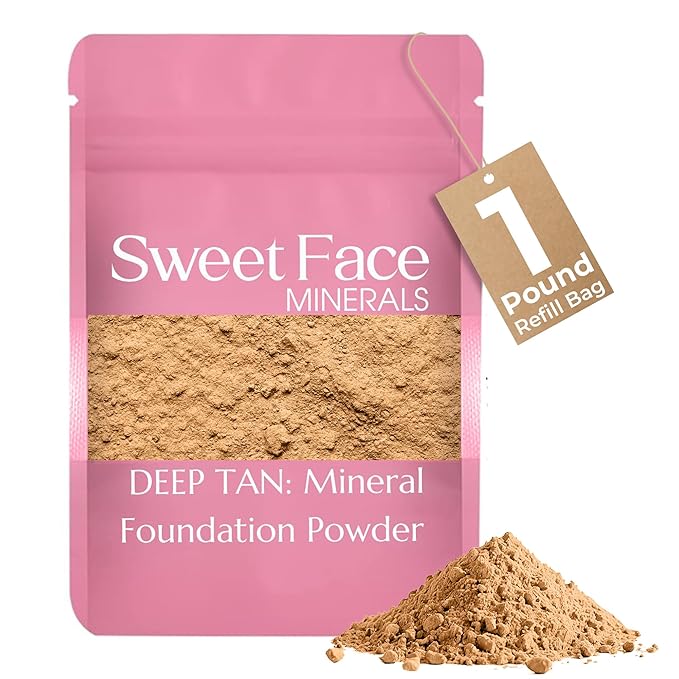 (1 Pound) (Deep Tan) Foundation Powder Refill By Sweet Face Minerals, Lightweight Mineral Loose Makeup Powder with SPF 20, Full Coverage Flawless Finish, Talc-free, Cruelty-Free, Refillable Pouch-GlimoraGlow