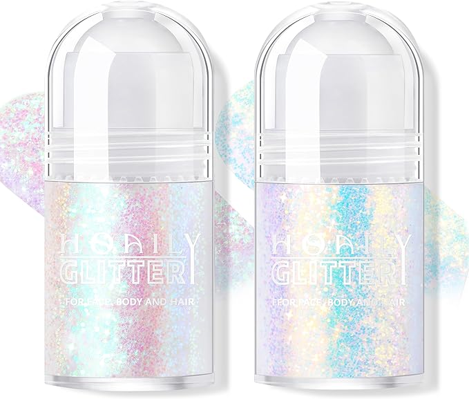 2 Colors Roll-on Body Glitter Gel, Holographic Glitter Gel Under Light for Face Hair, Body Shimmer for Rave Accessories Christmas New Year Halloween Makeup (11+12)-GlimoraGlow