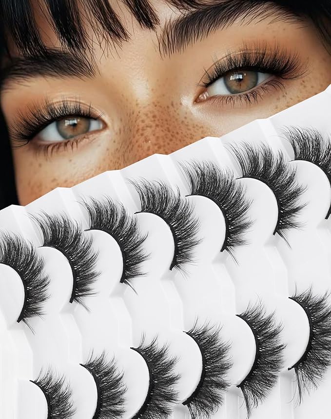 Lashes Cateye Wispy False Eyelashes Volume Flared Mink Eyelash Strip Lashes Soft Cat Eye Lash Natural Pack 7 Pairs Everyday 17MM D74-GlimoraGlow
