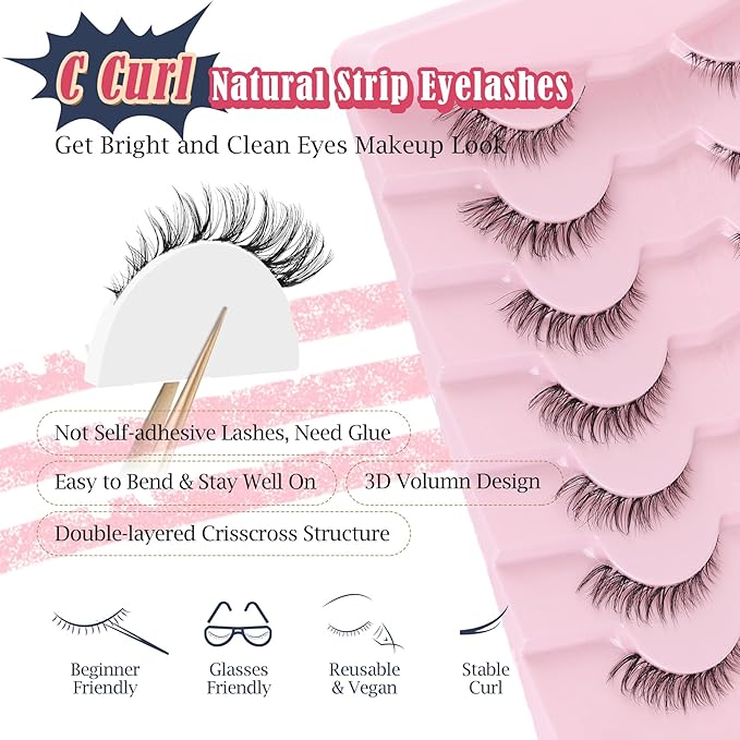 Cat Eyelashes Wispy False Eyelashes Natural 12mm Short Lashes with Thin Band Fake Eyelash 3D Volume Strip Lashes Siligli Eyelash Pack 7 Pair-GlimoraGlow