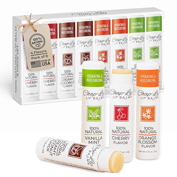 100% Natural Lip Balm Set - Hydrating and Moisturizing Beeswax Natural 4 Flavor Assortment - Lip Moisturizer for Dry Lips - Cocoa Butter - Petroleum Free Pack of 8-GlimoraGlow