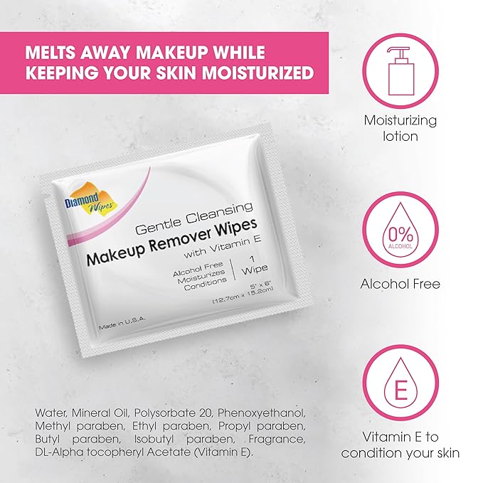 Diamond Wipes Face Cleansing and Waterproof Makeup Remover Wipes, Case of 250 Wipes, Alcohol Free Wipes with Vitamin E-GlimoraGlow