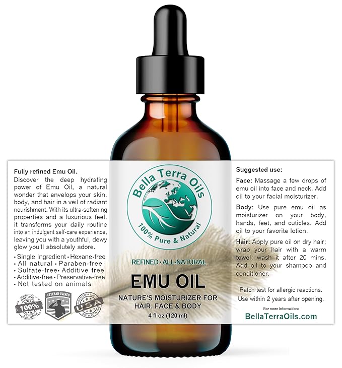 Bella Terra Oils - Emu Oil 4 oz - Genuine Pure Australian Emu, Infused with Linoleic & Oleic Acid, Perfect Companion for Lustrous Skin-GlimoraGlow