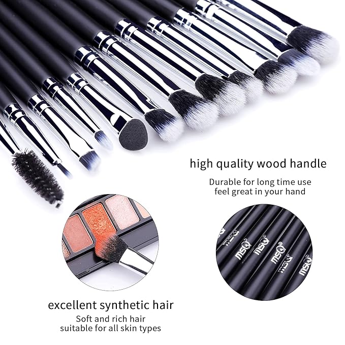 MSQ Eye Makeup Brushes 12pcs Eyeshadow Makeup Brushes Set with Soft Synthetic Hairs & Real Longer Wood Handle for Eyeshadow, Eyelash,Eyebrow, Eyeliner, Blending, Conclear(Black)-GlimoraGlow