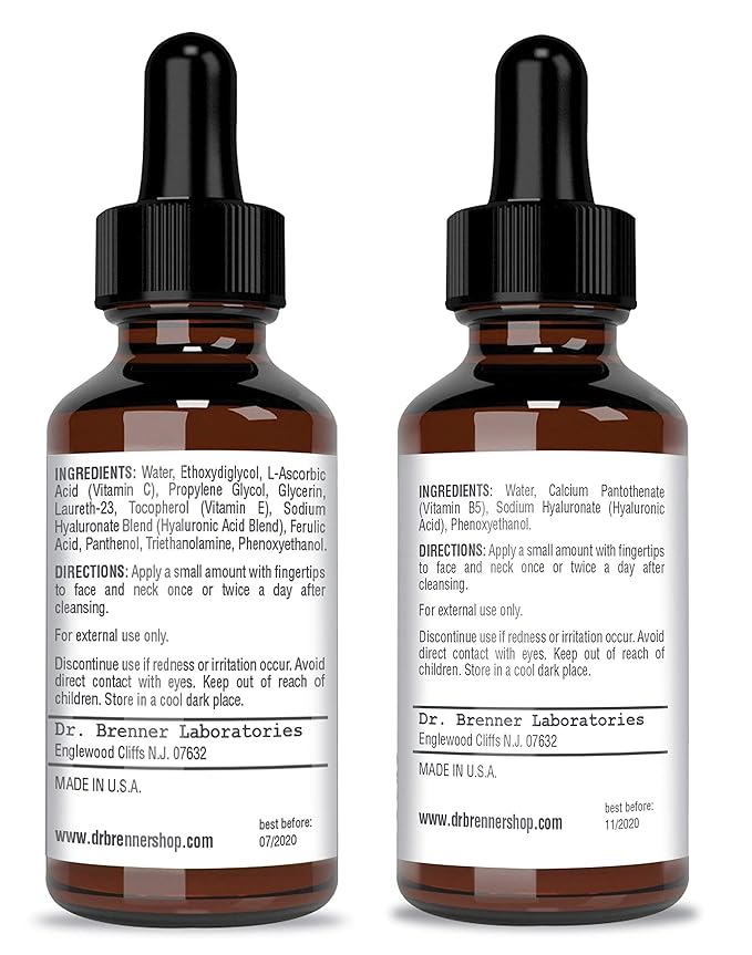 Vitamin C Serum 20% Pure L-Ascorbic Acid, Ferulic Acid, Vitamin E and HA and Hyaluronic Acid Serum with Vitamin B5 for Face and Eyes Natural Anti Aging Anti Wrinkle Set of 2 by Dr. Brenner-GlimoraGlow