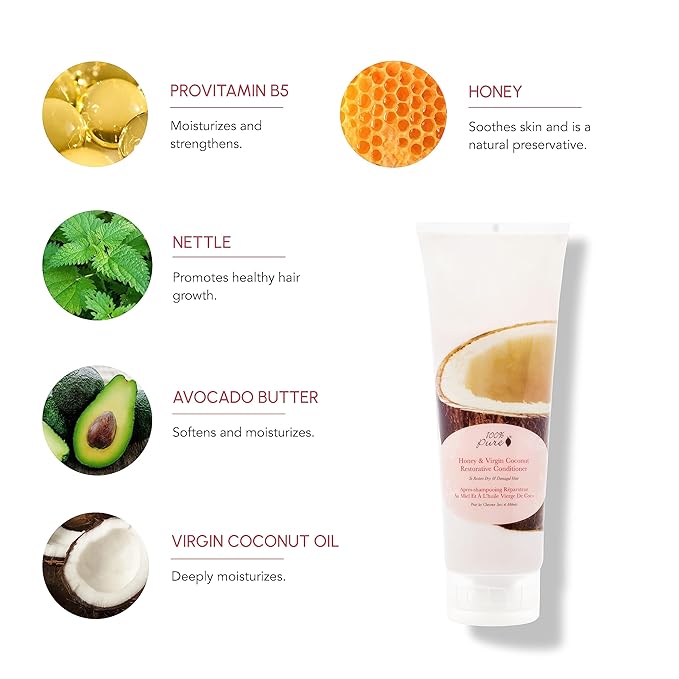 100% PURE Honey & Virgin Coconut Restorative Conditioner Moisturizer & Repair Replenishing Nutrient Boost for Dry Damaged Hair, Promotes Healthy Growth for Women & Men - Sulfate Free - 8 Fl Oz-GlimoraGlow
