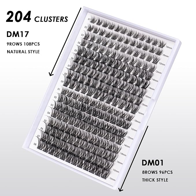 Lash Clusters 204 Pcs Individual Lashes Clusters Eyelash Extensions False Eyelashes DIY Lash Extension Kit Reusable False Eyelashes Natural Look Mix 10-16mm C D Curl(DM01+DM17)-GlimoraGlow