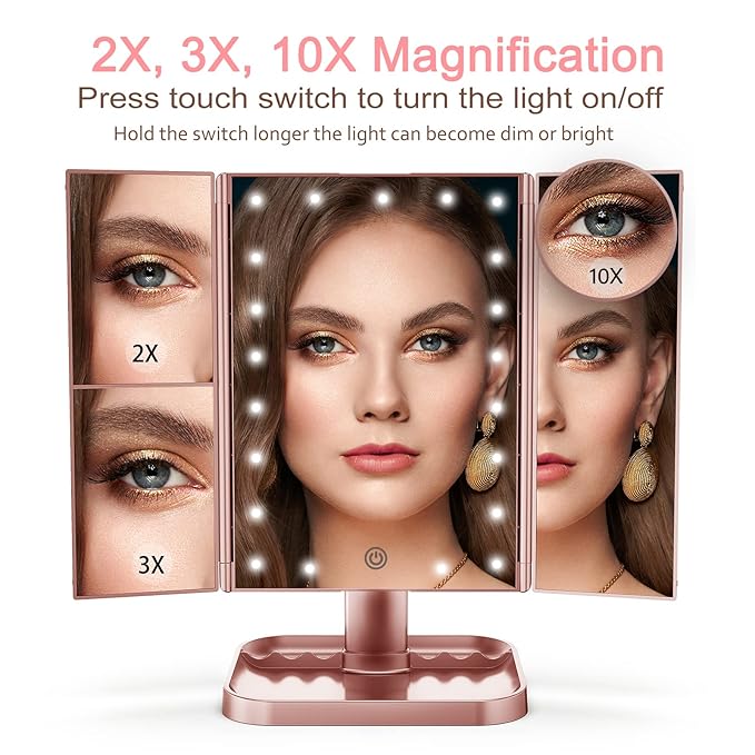 HUONUL Makeup Mirror, 10X 3X 2X Magnification, Lighted Makeup Mirror, Touch Control, Dual Power Supply, Portable LED Mirror, Women Gift (Rose Gold)-GlimoraGlow