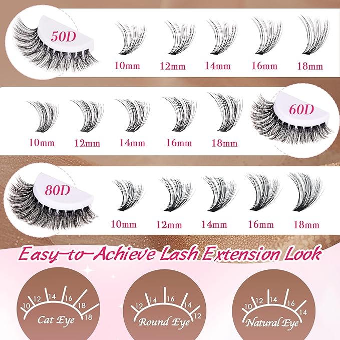 Bombshell Lash Clusters - Eyelash Clusters 20D+30D+40D+50D+60D+80D Wispy Individual Lashes D Curl Lash Extension 10-18MM Natural Lash Clusters DIY Cluster Eyelash Extensions for Beginners-GlimoraGlow
