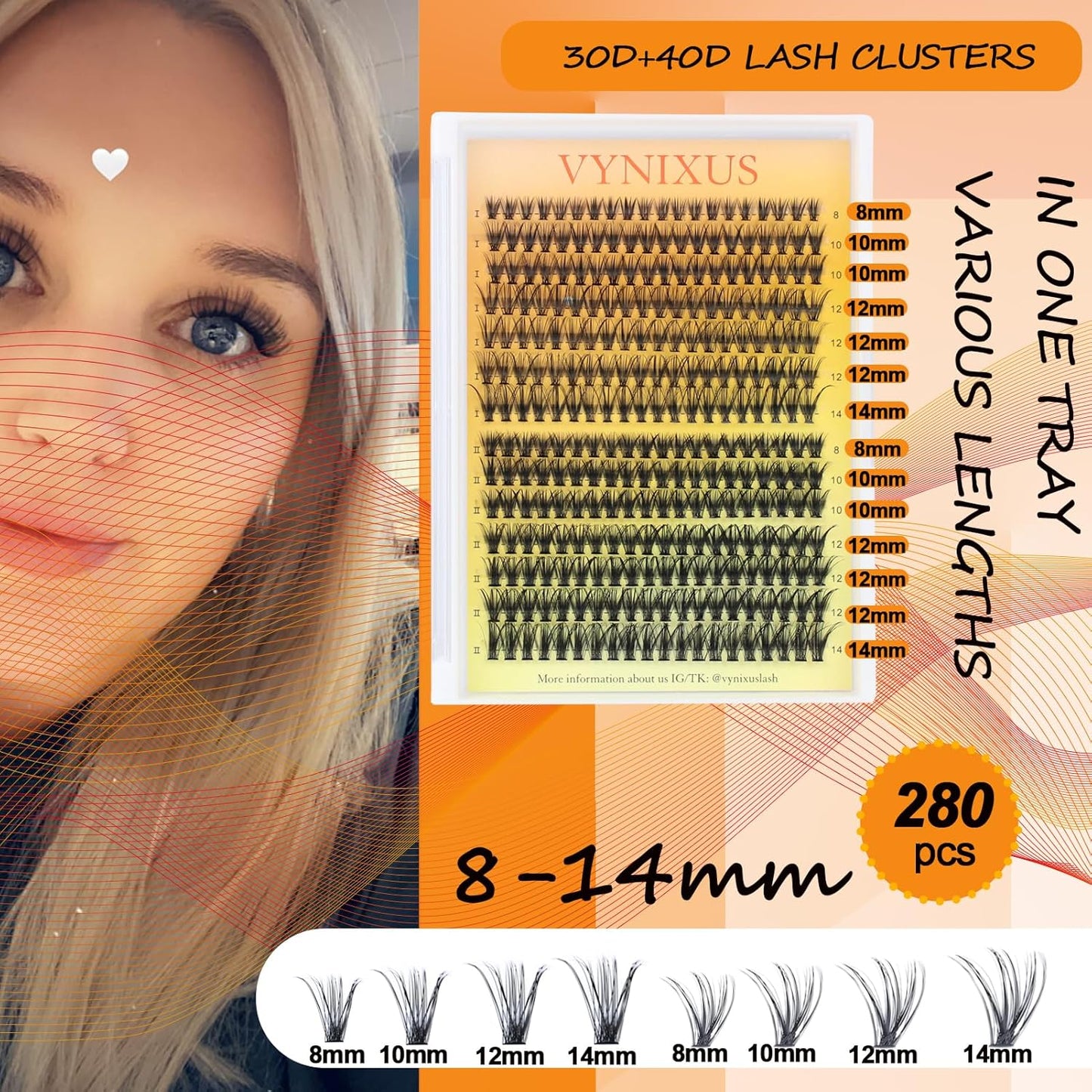 Lash Clusters 280pcs Individual Lashes Mixed Tray Eyelash Clusters VYNIXUS Cluster Eyelash Extensions Natural Cluster Lashes Soft (30D/40D-0.07D-Mix8-14)-GlimoraGlow