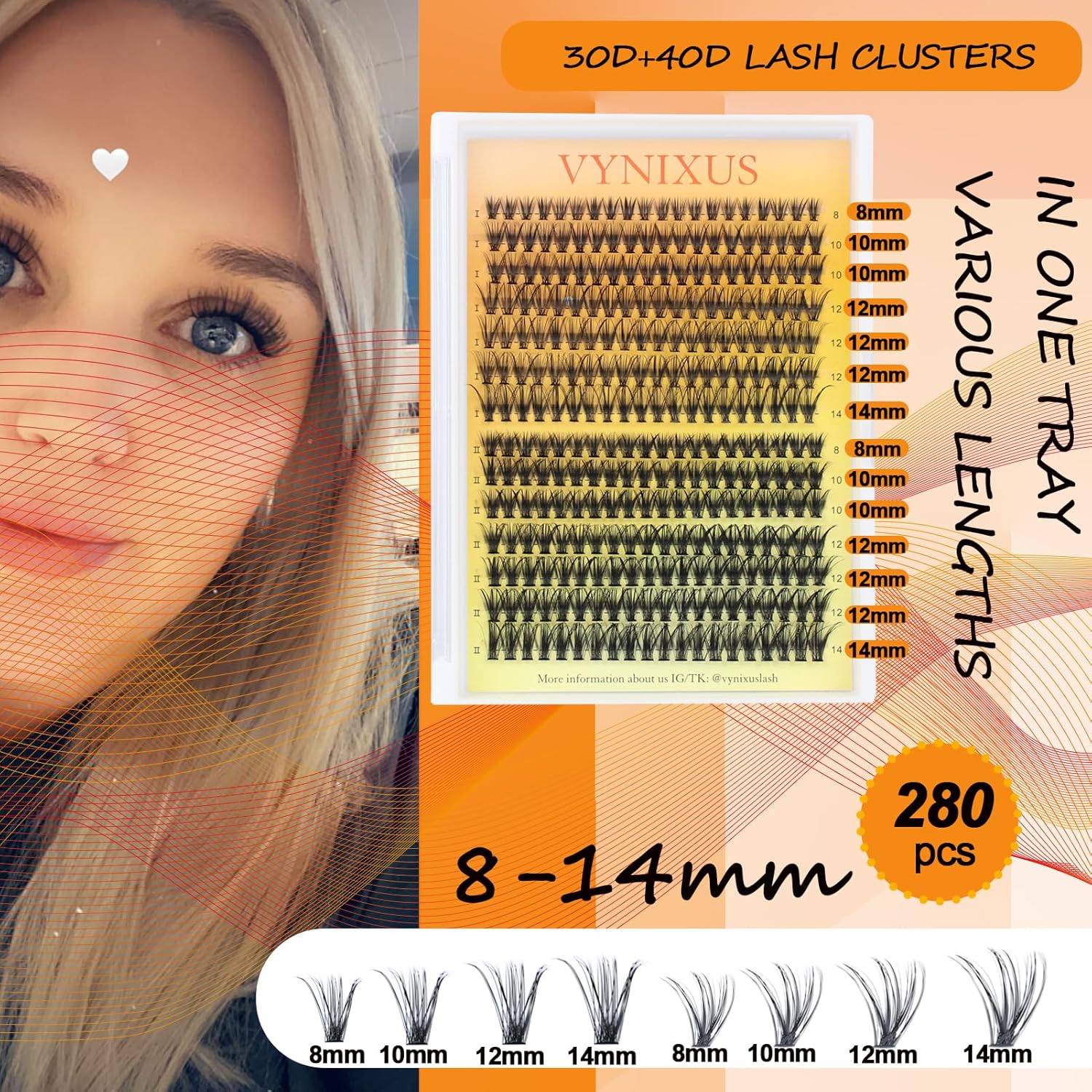 Lash Clusters 280pcs Individual Lashes Mixed Tray Eyelash Clusters VYNIXUS Cluster Eyelash Extensions Natural Cluster Lashes Soft (30D/40D-0.07D-Mix8-14)-GlimoraGlow