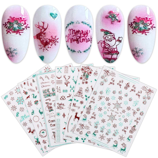 JMEOWIO 9 Sheets Christmas Glitter Nail Art Stickers Decals Self-Adhesive Green Red Snowflake Winter Holiday Nail Supplies Nail Art Design Decoration Accessories-GlimoraGlow