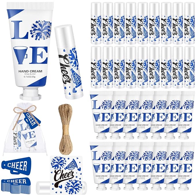 144 Pcs Blue Cheer Favors Natural Bulk Lip Balm and Hand Cream Set, Include 36 Lip Balm 36 Moisturizing Hand Cream 36 Bags 36 Card and Rope cheer accessories for Team Sports Party Supplies-GlimoraGlow