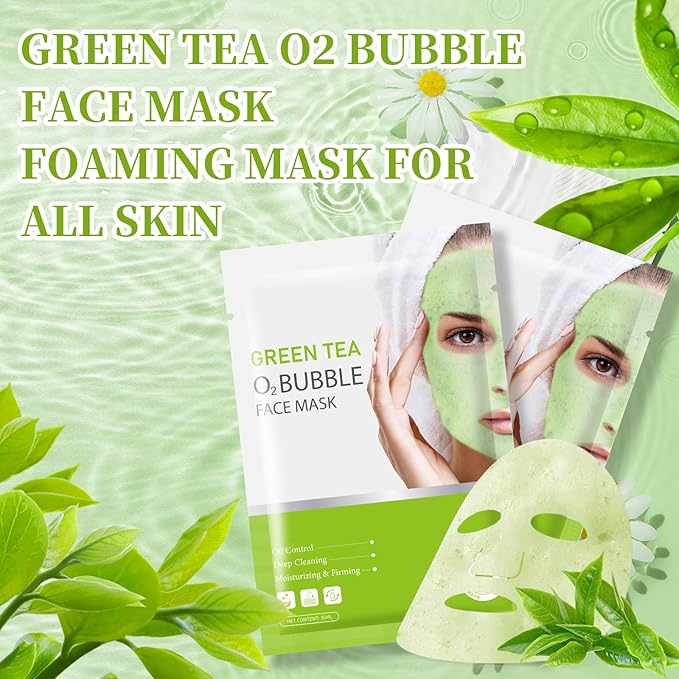 10 Sheets Face Masks Skincare O2 Bubble Green Tea Face Mask, Cleaner Bubble Sheet Masks Foaming Purifying Facial Mask for Pores, Moisturizing Spa Face Masks Skin Care For All Skin Type-GlimoraGlow