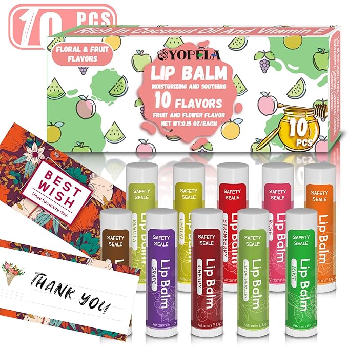 10 Pack Natural Lip Balm Bulk with Vitamin E and Coconut Oil Valentine's Day best choice - Moisturizing, Soothing, and Repairing Dry and Chapped Lips - 10 Flavors - Non-GMO-GlimoraGlow
