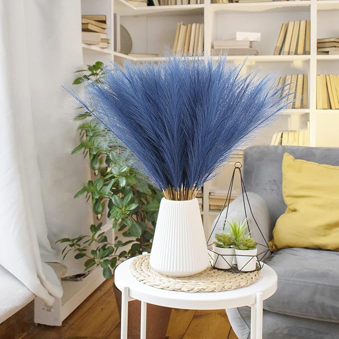 50pcs Faux Pampas Grass, 21.6" Short Artificial Pompous Grass Floral Fake Pompas Grass Branches Vase Filler Flower Arrangement for Home Wedding Boho Decor, Blue