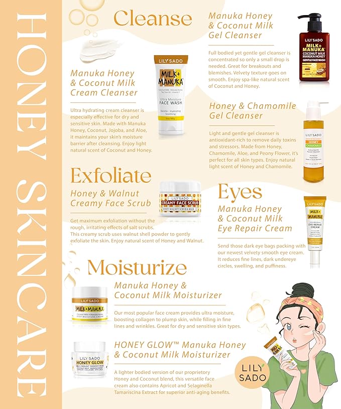 LILY SADO MILK+MANUKA™ Coconut Milk & Manuka Honey Cream Face Cleanser – Natural Ultra Moisturizing Facial Wash Cleanses, Balances, Soothes & Hydrates - Large 6oz-GlimoraGlow