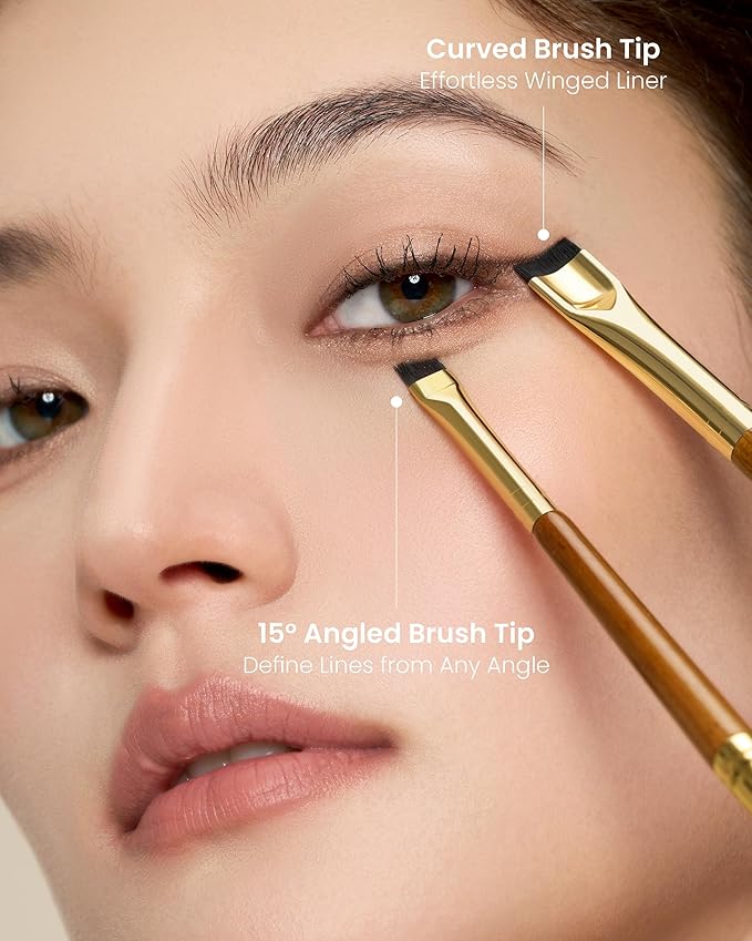 Desert Oak Series Precision Thin Eyeliner Brush - Dual-Ended Angled & Concave Tips for Winged Lines/Tightlining, Gel & Liquid Liner Compatible, Ebana Handle (CM 161)-GlimoraGlow