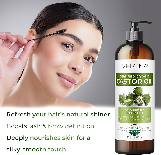 velona USDA Certified Organic Castor Oil - 16 fl oz (With Pump) | For Hair Growth, Boost Eyelashes, Eyebrows | Cold pressed, Natural Oil, USP Grade | Hexane Free, Lash Serum, Caster-GlimoraGlow