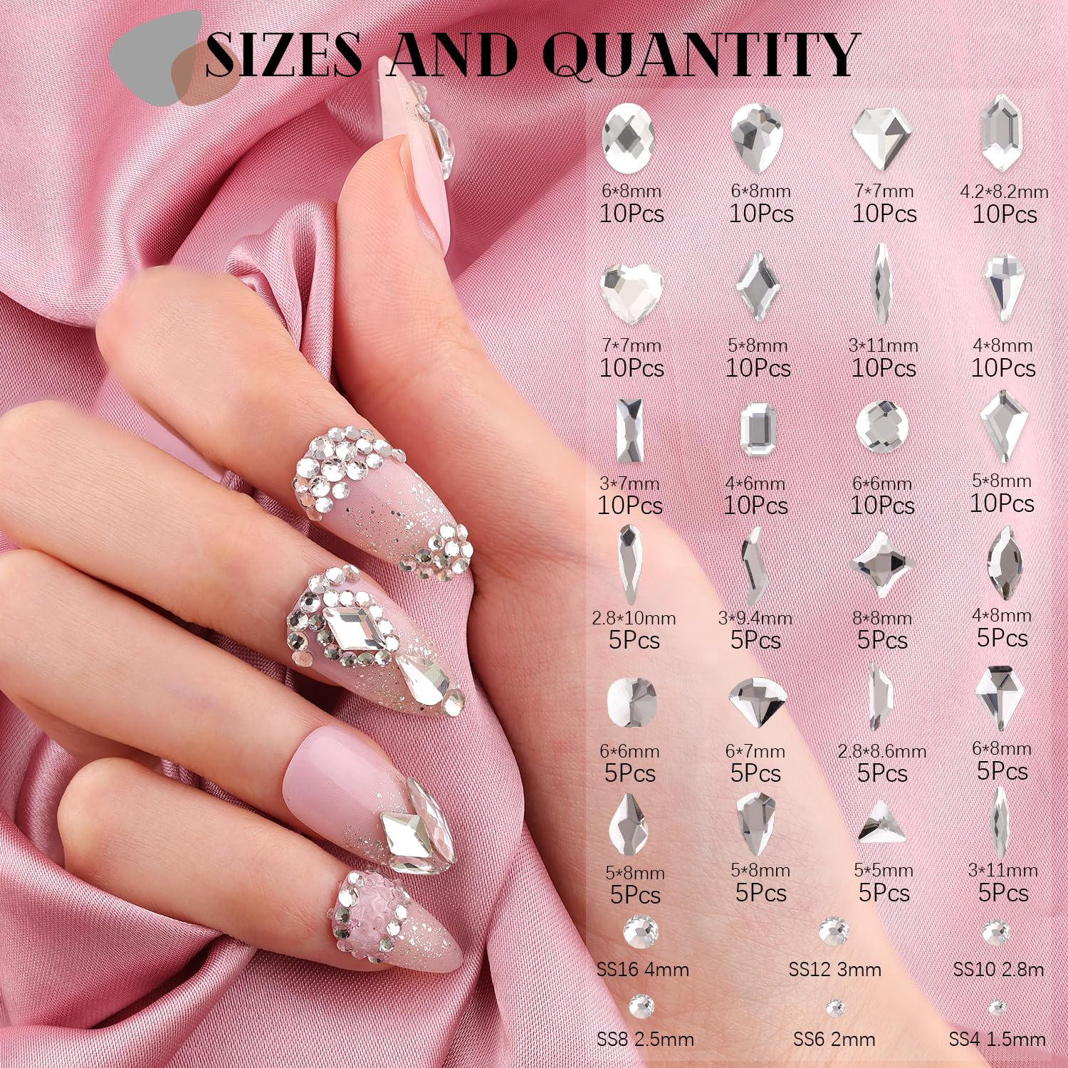 1680Pcs Silver Clear Nail Rhinestones 180Pcs Multi Shapes Glass Flatback Nail Gems + 1500Pcs 1.5-4mm Round Crystal, Manicure Nail Charms Diamond Gemstones for Acrylic Nails Decoration-GlimoraGlow