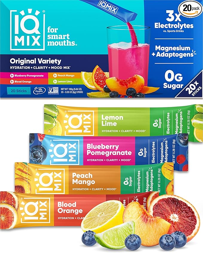 IQMIX Hydration Electrolyte Powder – 4-in-1 Formula for Hydration, Mental Clarity, Mood and Recovery – Sugar-Free Drink Mix, Keto, Magnesium L-Threonate, Lion’s Mane – 20 Count Variety Pack-GlimoraGlow