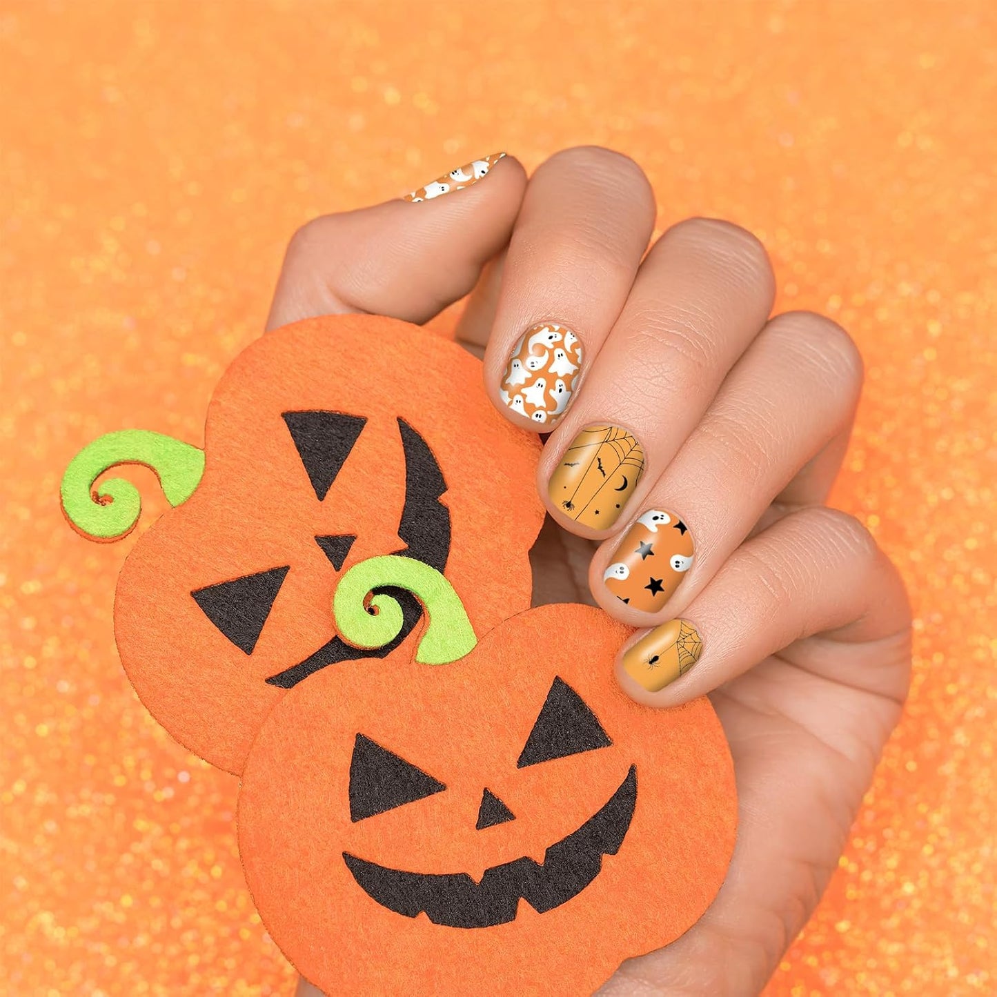 12 Sheets Halloween Nail Wraps Stickers, Nail Polish Strips DIY Self-Adhesive Full Glitter Nail Art Decals Pumpkin Bat Ghost Spider Skull Pattern with 2 Piece Nail Files for Party Decor (168 Pieces)-GlimoraGlow