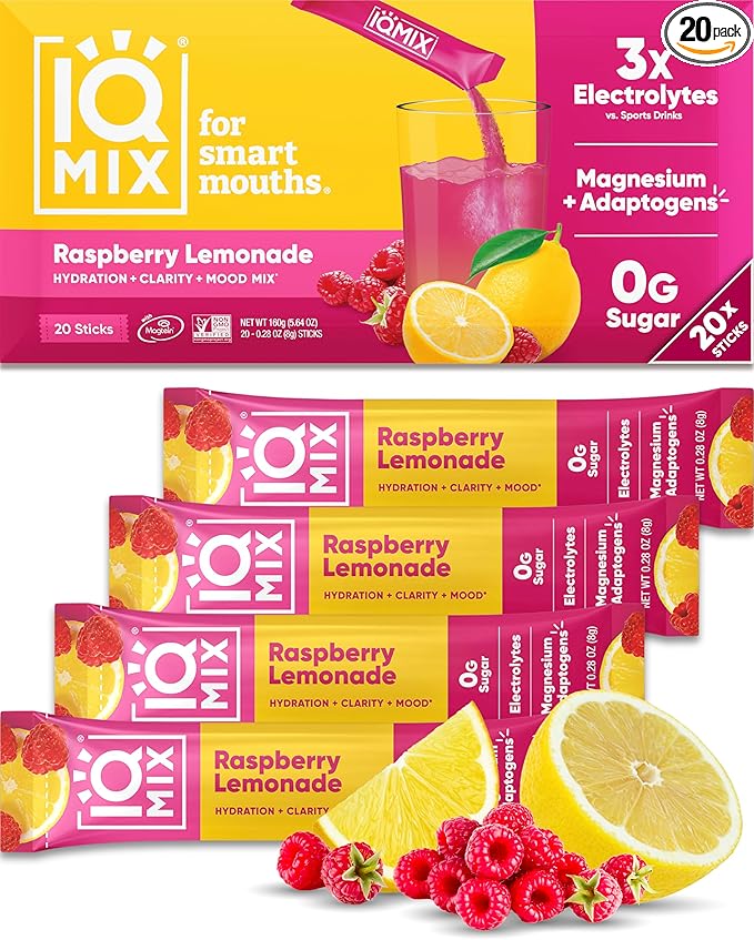 IQMIX Hydration Electrolyte Powder – 4-in-1 Formula for Hydration, Mental Clarity, Mood and Recovery – Sugar-Free Drink Mix, Keto, Magnesium L-Threonate, Lion’s Mane – 20 Count New Raspberry Lemonade-GlimoraGlow