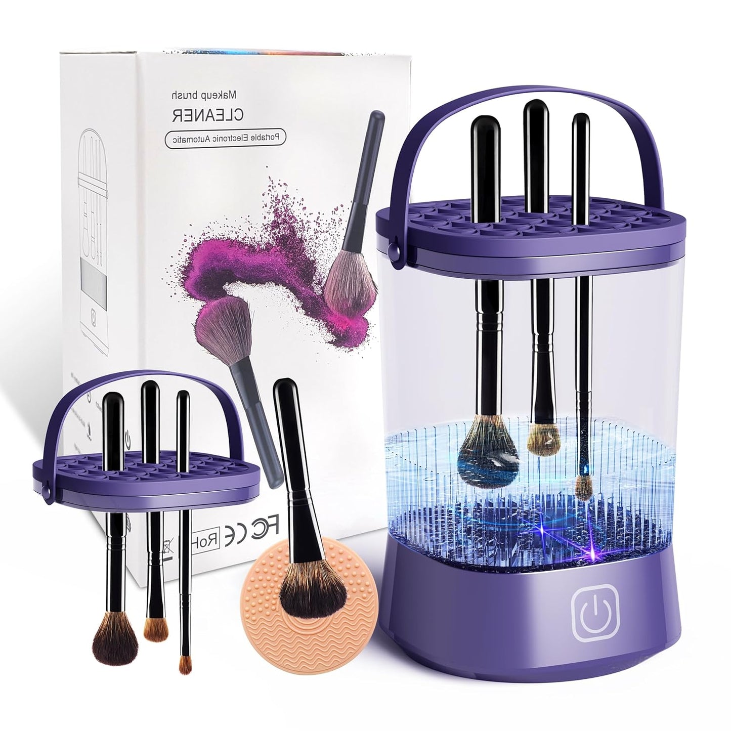 Electric Makeup Brush Cleaner Machine, Automatic Spinning Make up Brush Cleaner with 1200 mAh Rechargeable Battery, Portable Cosmetic Brush Cleaner Dryer Tool for All Size Makeup Brush (Purple)-GlimoraGlow