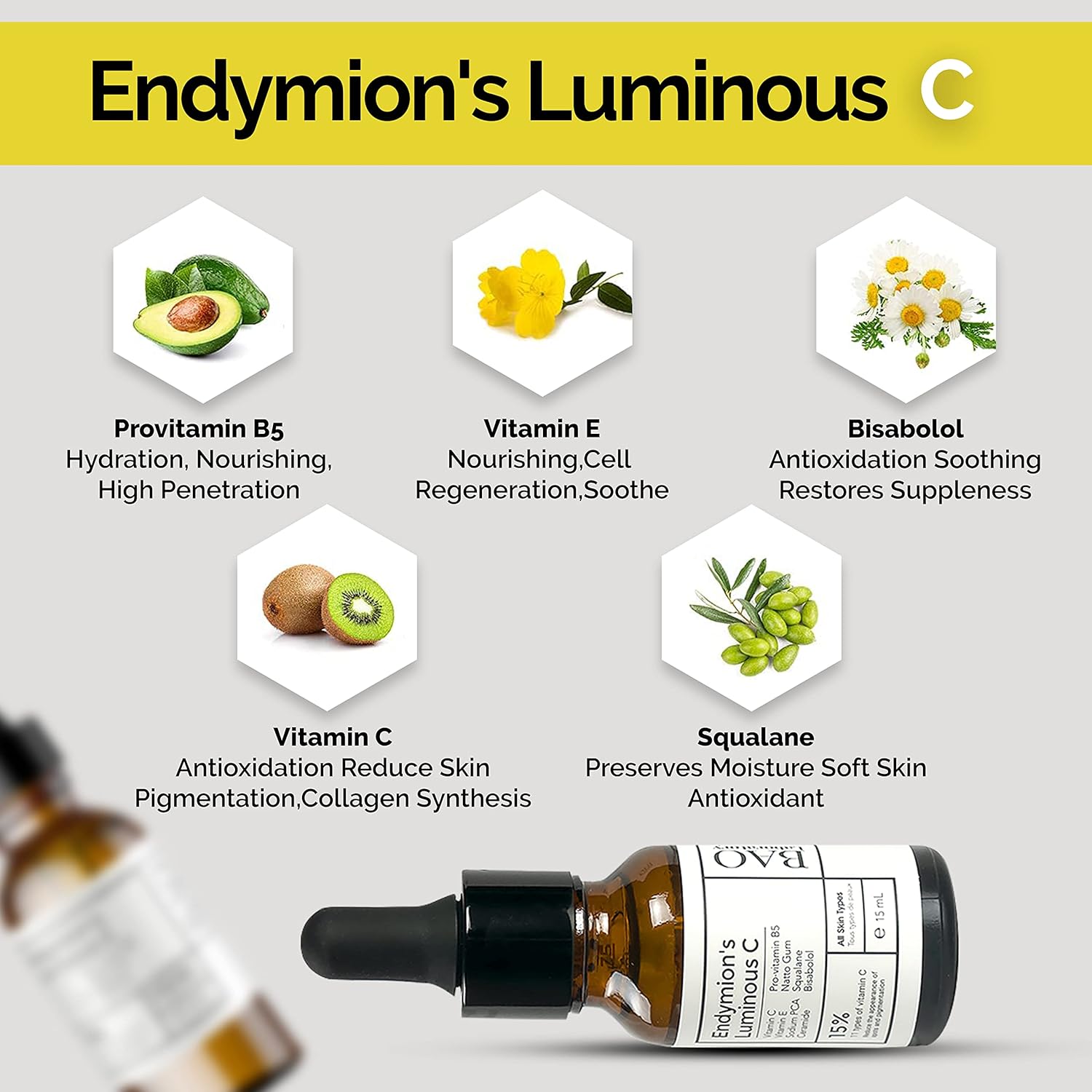ENDYMION’S LUMINOUS C Face Serum | Bisabolol, Squalane, Vitamin C &E | Multi Vitamin Serum for Brightening, Regenerating And Refreshing Skin| For All Skin Types (15 ML)-GlimoraGlow