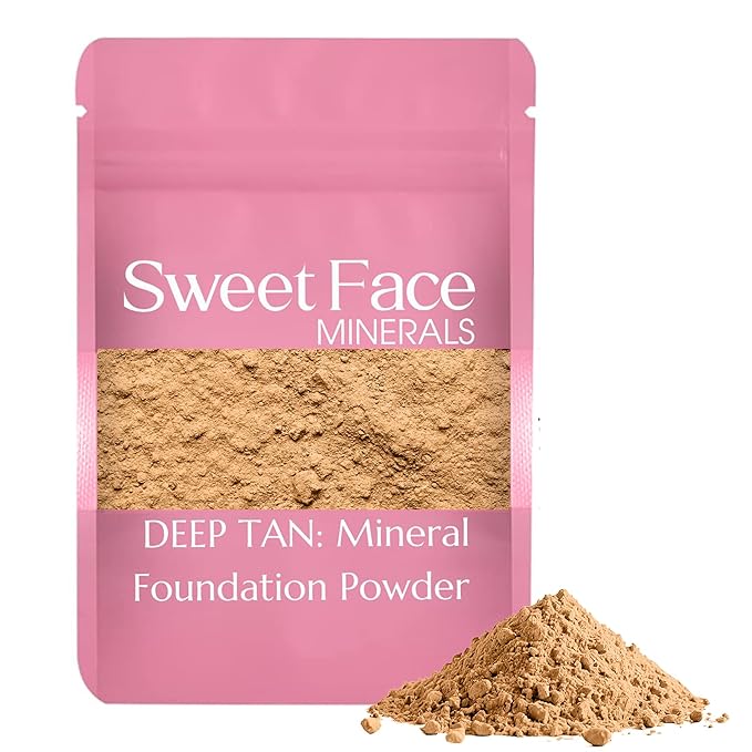 (12 Gram Bag) (Deep Tan) Foundation Powder Refill By Sweet Face Minerals, Lightweight Mineral Loose Makeup Powder with SPF 20, Full Coverage Flawless Finish, Talc-free, Cruelty-Free, Refillable Pouch-GlimoraGlow