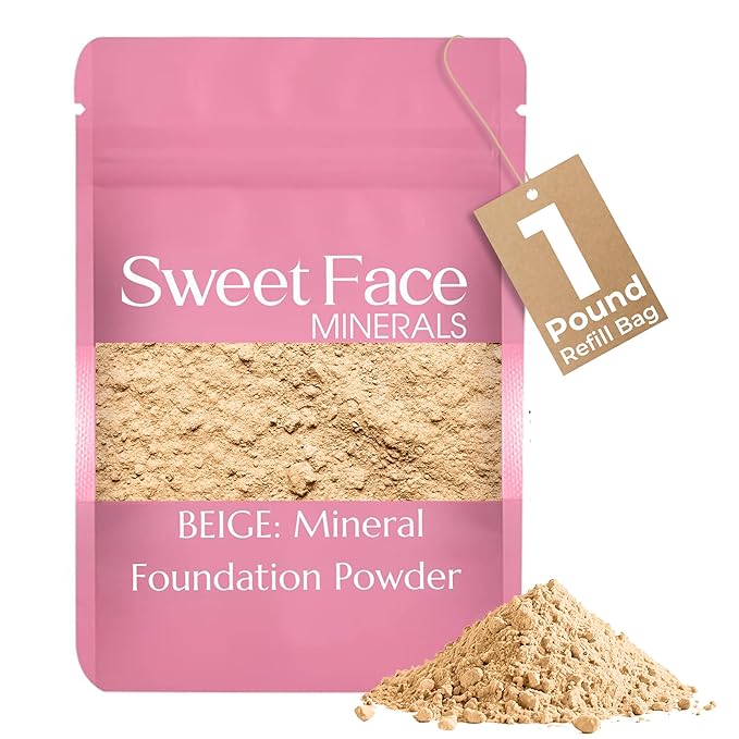 (1 Pound) (Beige) Foundation Powder Refill By Sweet Face Minerals, Lightweight Mineral Loose Makeup Powder with SPF 20, Full Coverage Flawless Finish, Talc-free, Cruelty-Free, Refill Pouch-GlimoraGlow