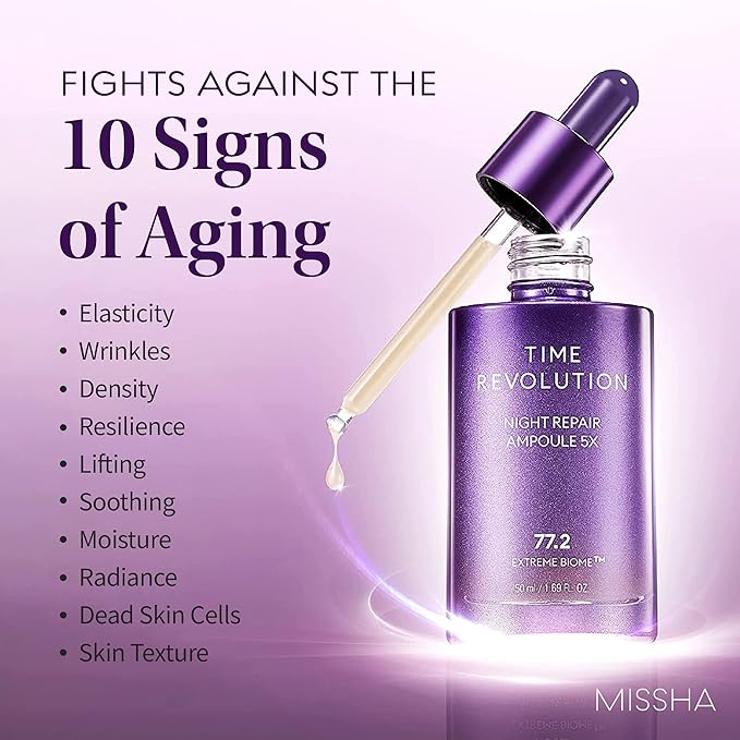 MISSHA Time Revolution Night Repair Face Serum Ampoule (5th Gen) - Overnight Probiotic Skincare for Revitalization and Radiance, 1.69 Fl Oz-GlimoraGlow