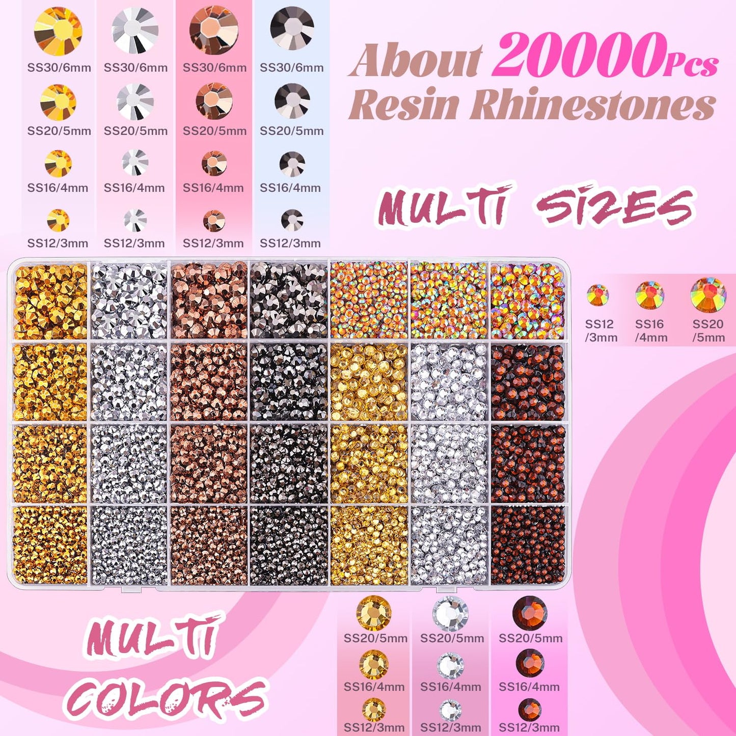 20000Pcs Metallic Rhinestones for Bedazzling with 1Pcs B7000 Jewelry Glue, Resin Rhinestones for Crafting Crafts DIY, Bedazzler Kit Gems for Clothing Shoes Tumblers Nail Art Assorted Size 3/4/5/6mm-GlimoraGlow