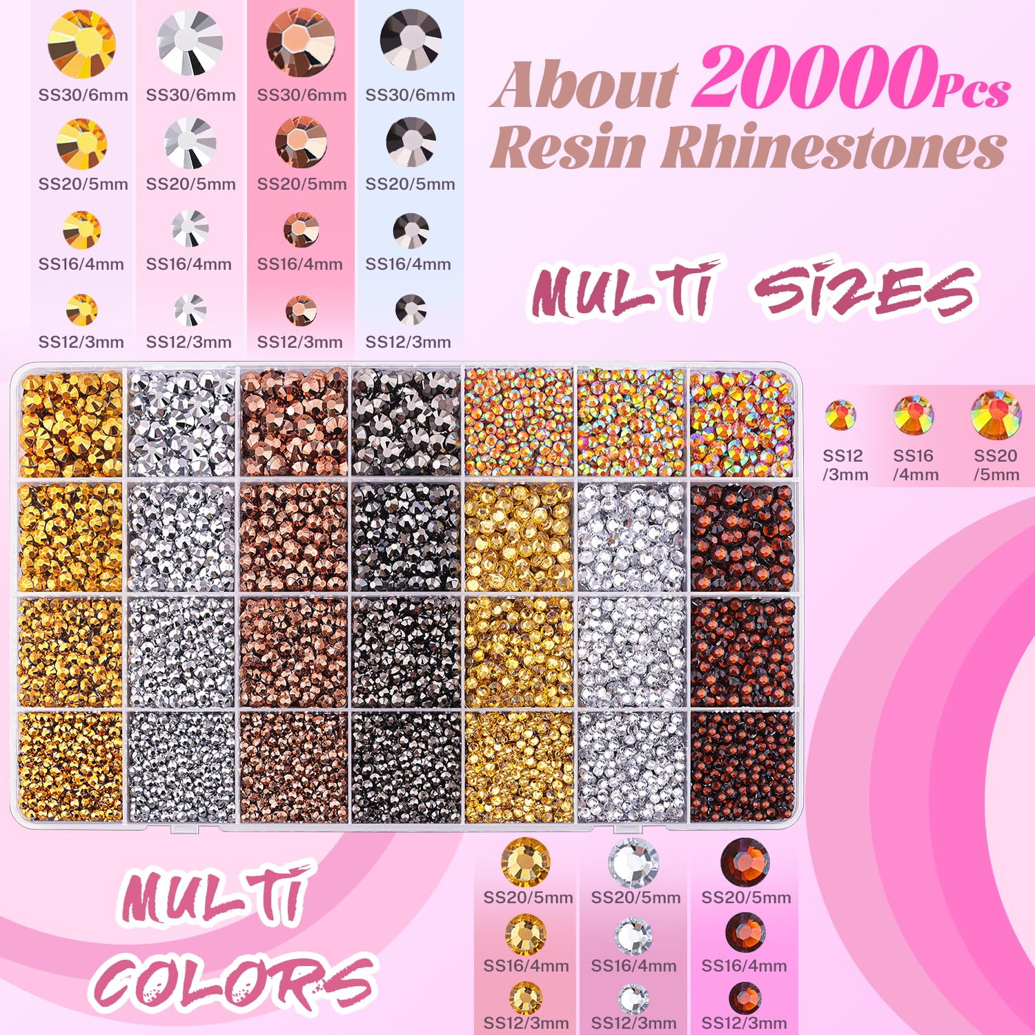 20000Pcs Metallic Rhinestones for Bedazzling with 1Pcs B7000 Jewelry Glue, Resin Rhinestones for Crafting Crafts DIY, Bedazzler Kit Gems for Clothing Shoes Tumblers Nail Art Assorted Size 3/4/5/6mm-GlimoraGlow