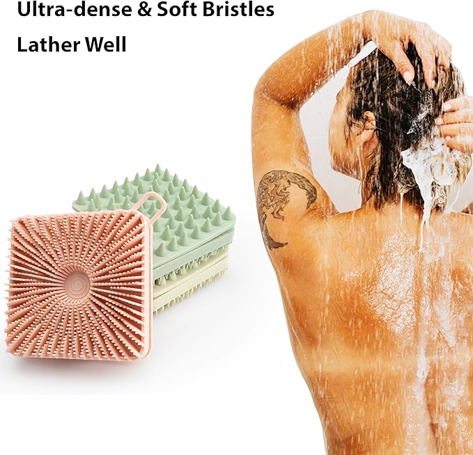2 PC Silicone Exfoliating Body Scrubber, Silicone Body Shampoo Brush, Soft Silicone Loofah for Sensitive Skin, Shower Silicone Hair Scalp Massager, Easy to Clean, Lather Well(Gray&Pink)-GlimoraGlow