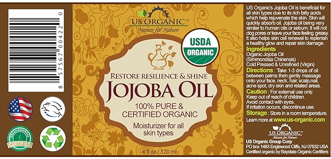 US Organic Jojoba Oil, USDA Certified Organic,100% Pure & Natural, Cold Pressed Virgin, Unrefined, Haxane Free, Sourced from Middle East Directly (Medium (4oz, 115ml))-GlimoraGlow
