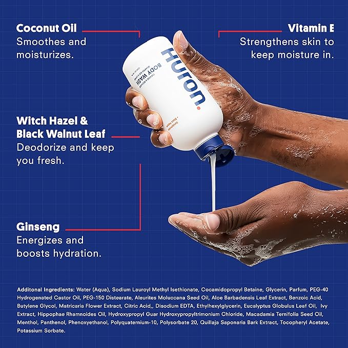 Huron Men’s Moisturizing Body Wash – Crisp & Invigorating Scent of Citrus, Eucalyptus, Mint, & Aromatic Greens - Made With Coconut Oil, Vitamin E & Witch Hazel – Vegan, Cruelty-Free - 12.2 fl oz-GlimoraGlow