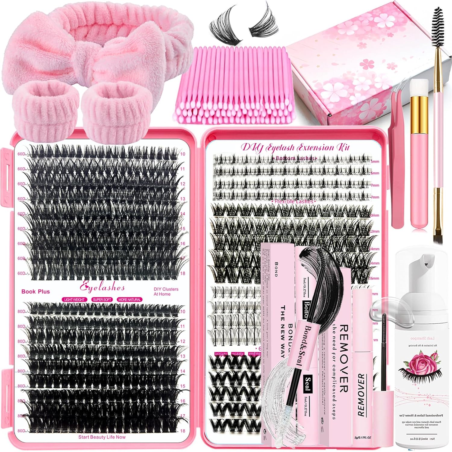 DIY Lash Extension Kit 584 Pcs Lashes Clusters with Bottom Lashes Lash Bond and Seal Glue Remover Lash Shampoo Cleansing Brush Headband Wristband Tweezers Eyelash Brush Applicator-GlimoraGlow