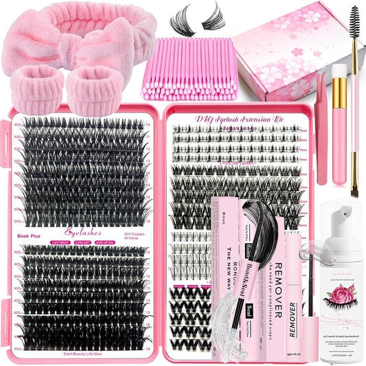 DIY Lash Extension Kit 584 Pcs Lashes Clusters with Bottom Lashes Lash Bond and Seal Glue Remover Lash Shampoo Cleansing Brush Headband Wristband Tweezers Eyelash Brush Applicator-GlimoraGlow