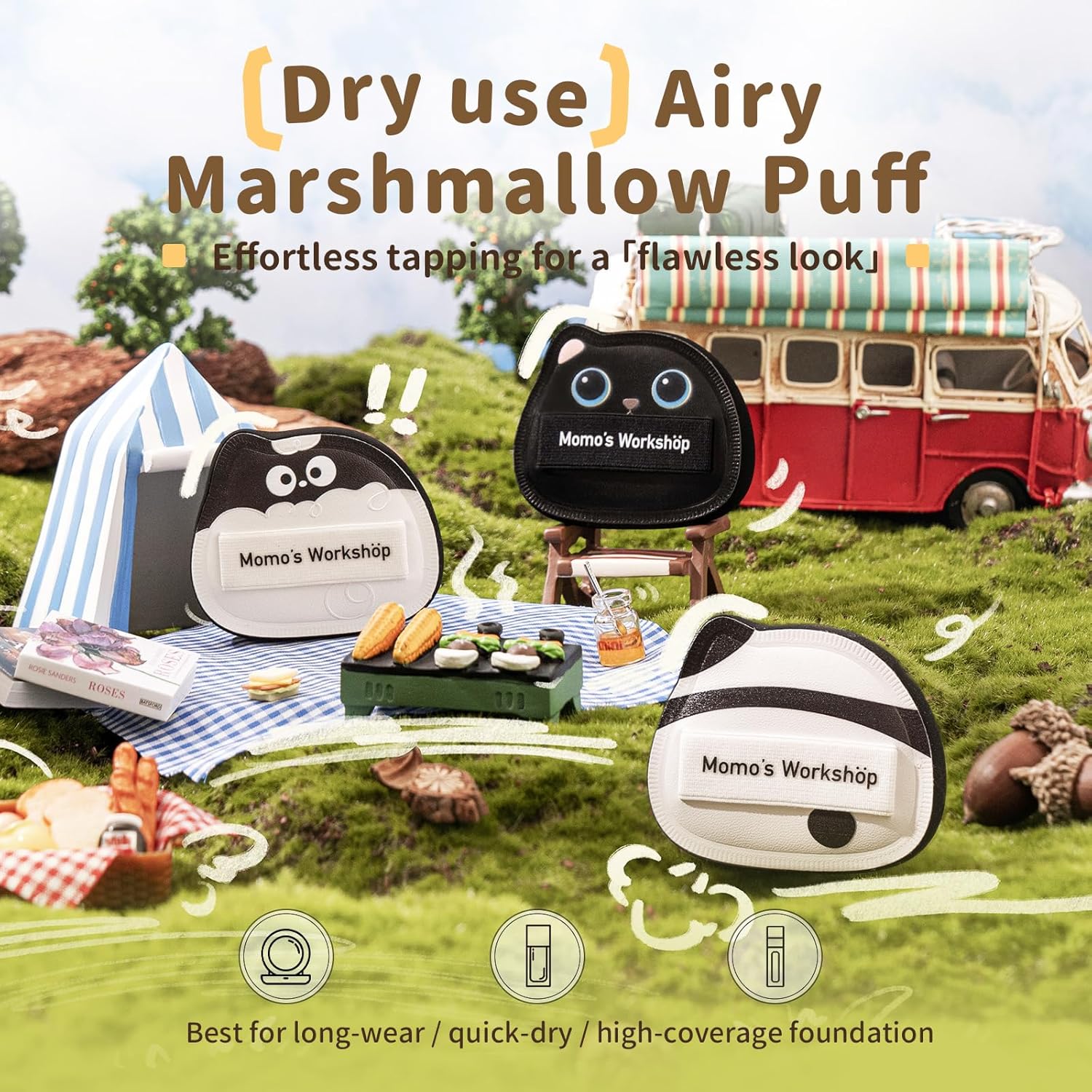 Black Cat Toto Airy Marshmallow Puff,Makeup Sponge,Rubycell Material,Pointed Tip for Concealer + Flat Side for Foundation, Longwear Makeup, Travel Friendly & Reusable,2pcs Puffs & Storage Case-GlimoraGlow