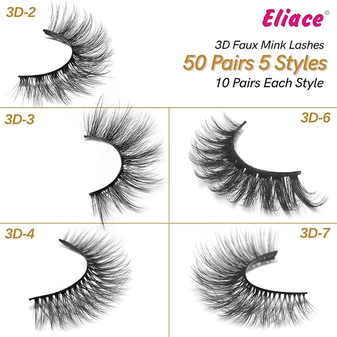 Eliace Eyelashes, (50 Pairs,5 Styles) Luxurious Faux Mink Lashes Natural Look Wispy Fluffy Handmade Cat Eye False Lash Pack, False Eyelashes Set, Fake Lashes Strips, Makeup Fake Eyelashes Pack-GlimoraGlow