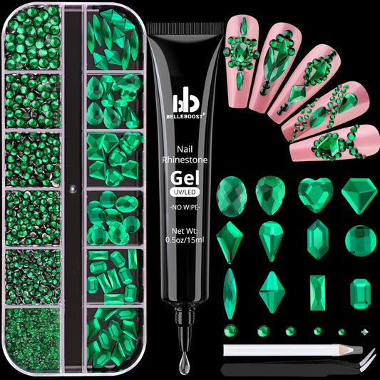 2060Pcs Emerald Green Glass Nail Rhinestones 60Pcs Multi Shapes Flatback Nail Gems + 2000Pcs 1.5-4mm Round Crystal with Rhinestones Glue Gel, Manicure Nail Charms Diamond Gemstone for Nail Art-GlimoraGlow