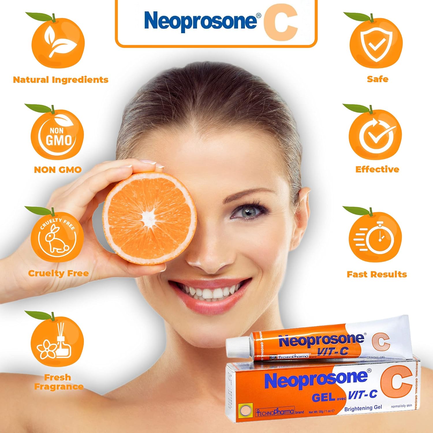 Neoprosone, Vitamin C Gel - 1 Fl oz / 30 ml - Brightening Gel Cream for Neck, Face, Body, Armpit, Hands - For Women and Men, with Alpha Arbutin-GlimoraGlow